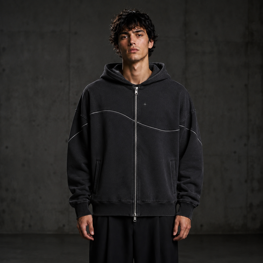 STATIC ZIP 101 Oversize Hoodie — Washed Black