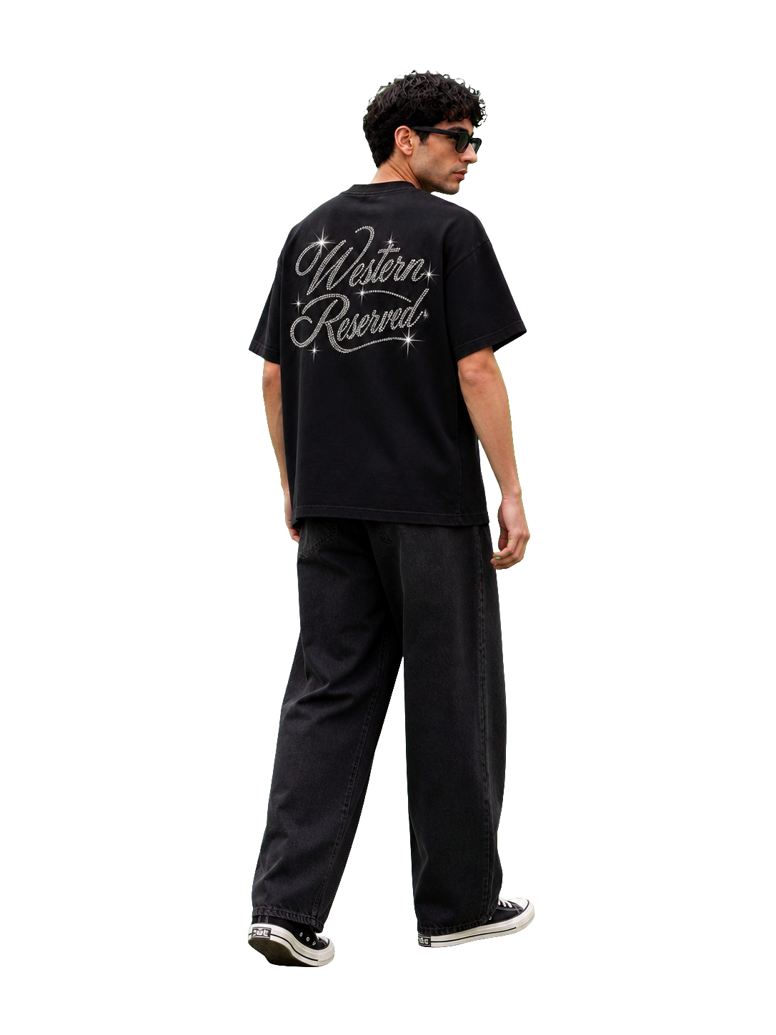 Wester Reserved Rhinestone Back Tee — Siyah — manken görünümü