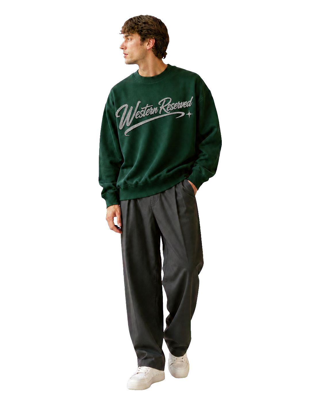 Wester Reserved Rhinestone Script Sweatshirt — Yeşil — manken görünümü