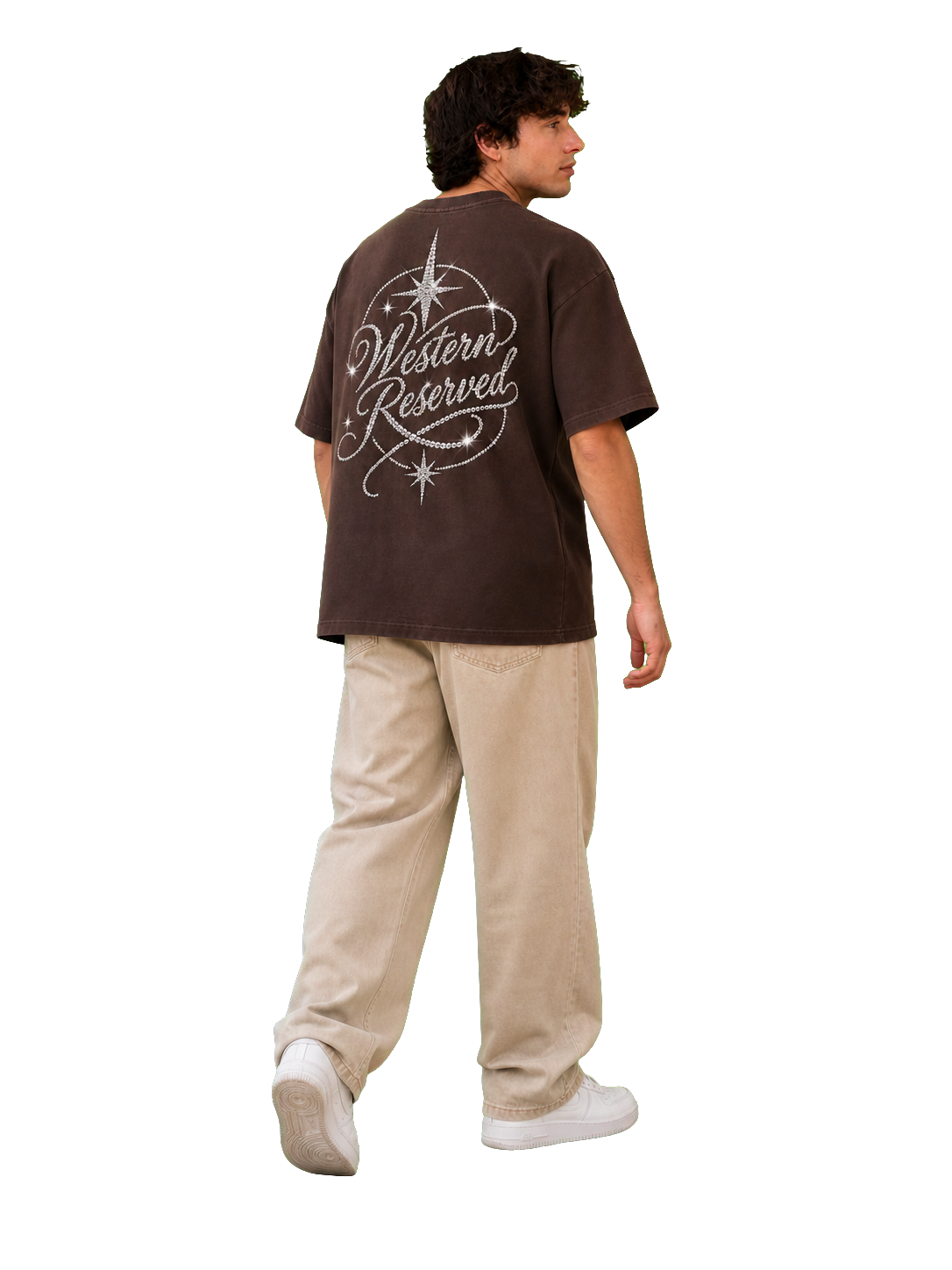 Wester Reserved Rhinestone Back Tee — Kahve — manken görünümü