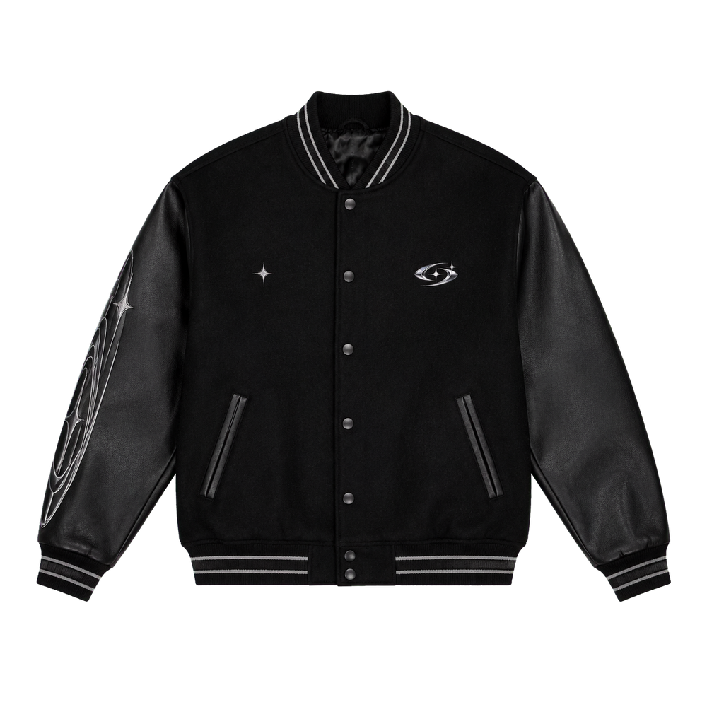 NIGHT ARC VARSITY JACKET 503 — Siyah şeffaf zeminli ürün ön görünümü