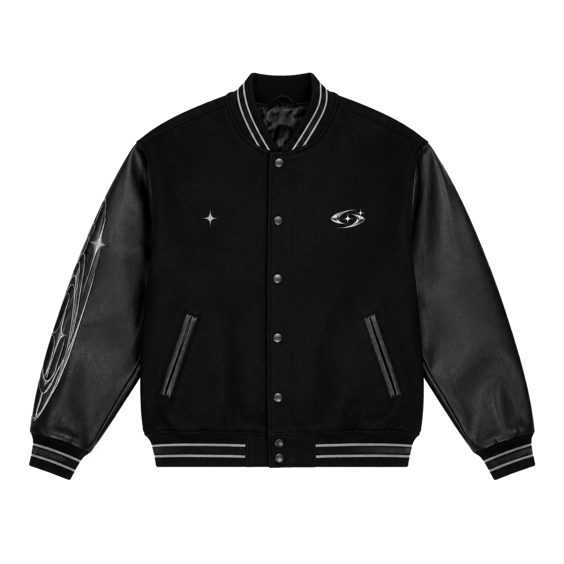 NIGHT ARC VARSITY JACKET 503 — Siyah şeffaf zeminli ürün ön görünümü