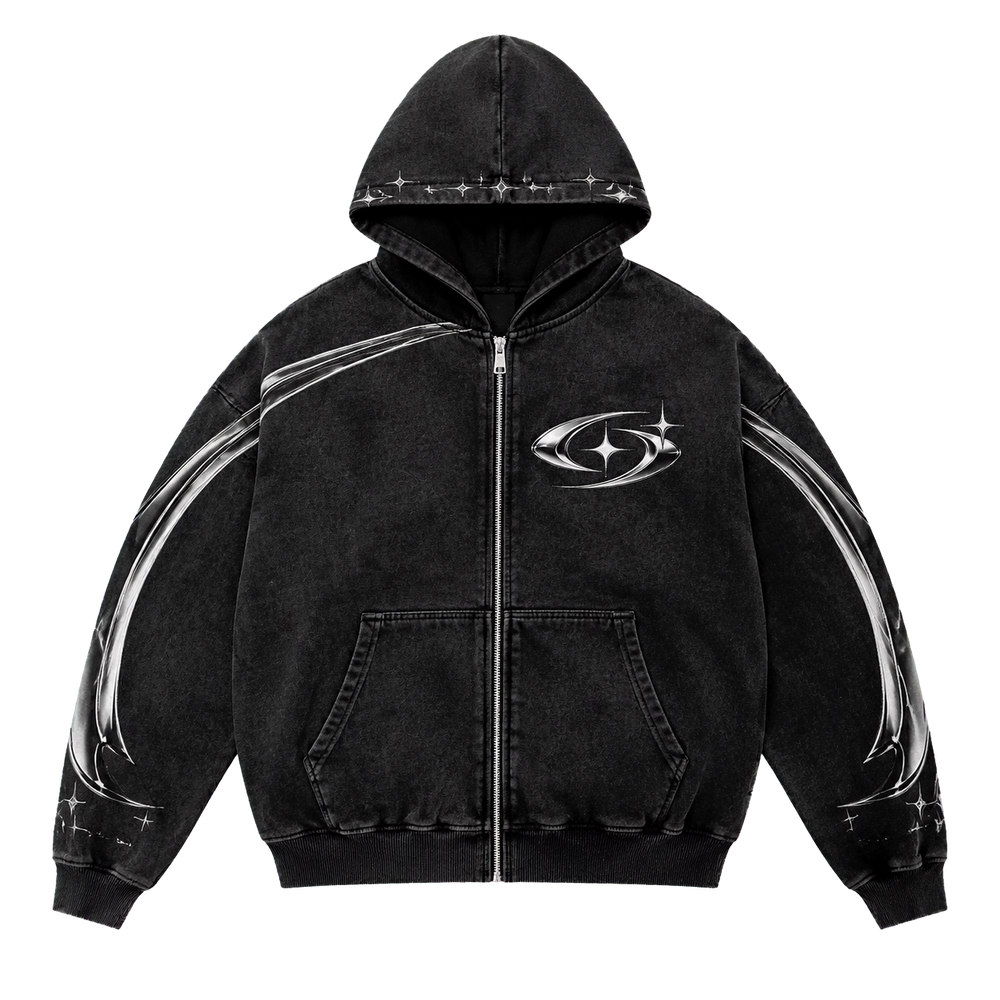 STARDUST ZIP HOODIE 103 — Yıkanmış Siyah şeffaf zeminli ürün ön görünümü