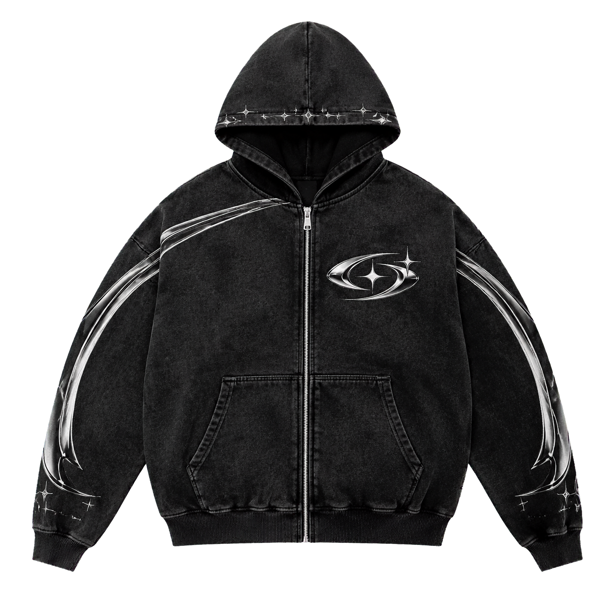 STARDUST ZIP HOODIE 103 — Yıkanmış Siyah şeffaf zeminli ürün ön görünümü