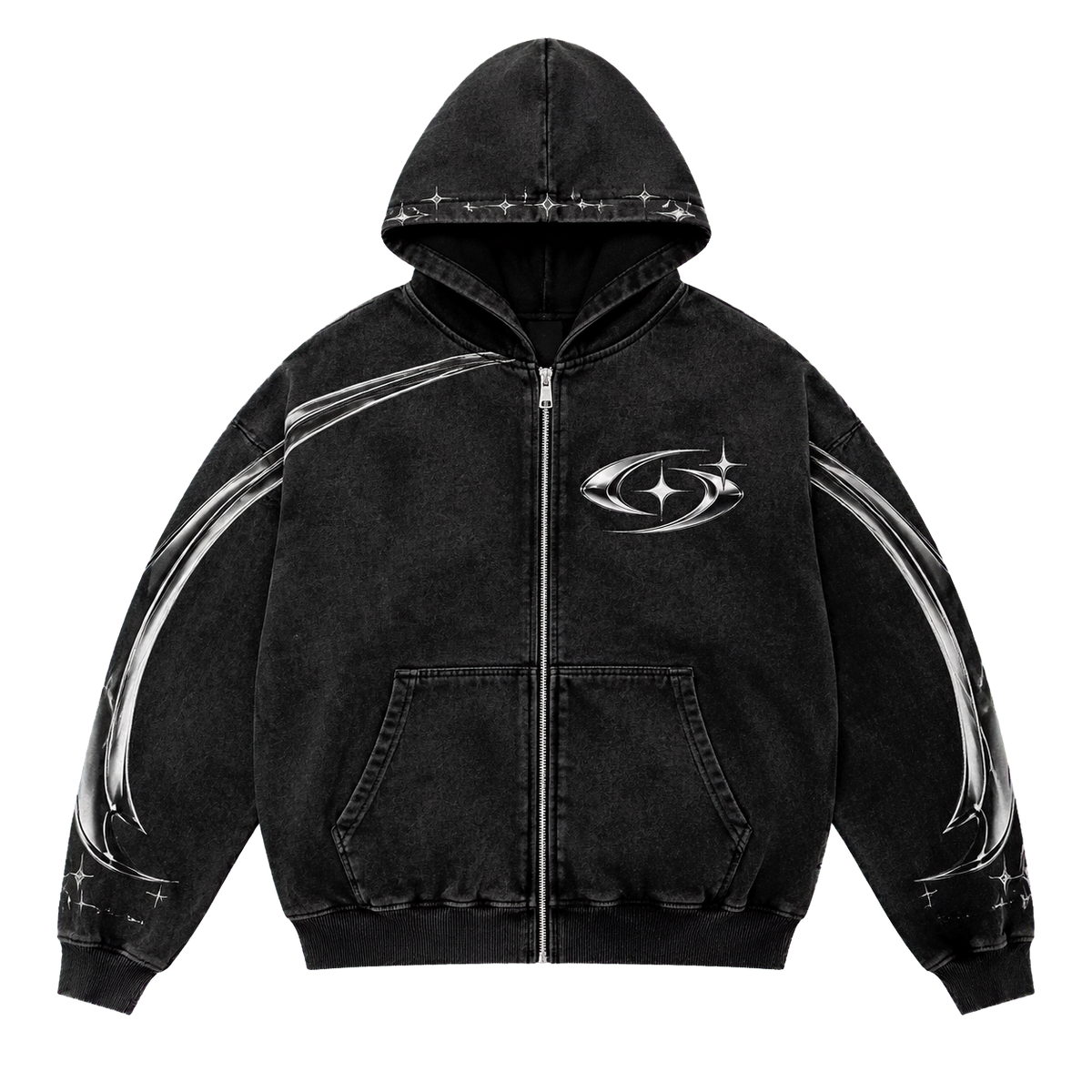 STARDUST ZIP HOODIE 103 — Yıkanmış Siyah şeffaf zeminli ürün ön görünümü